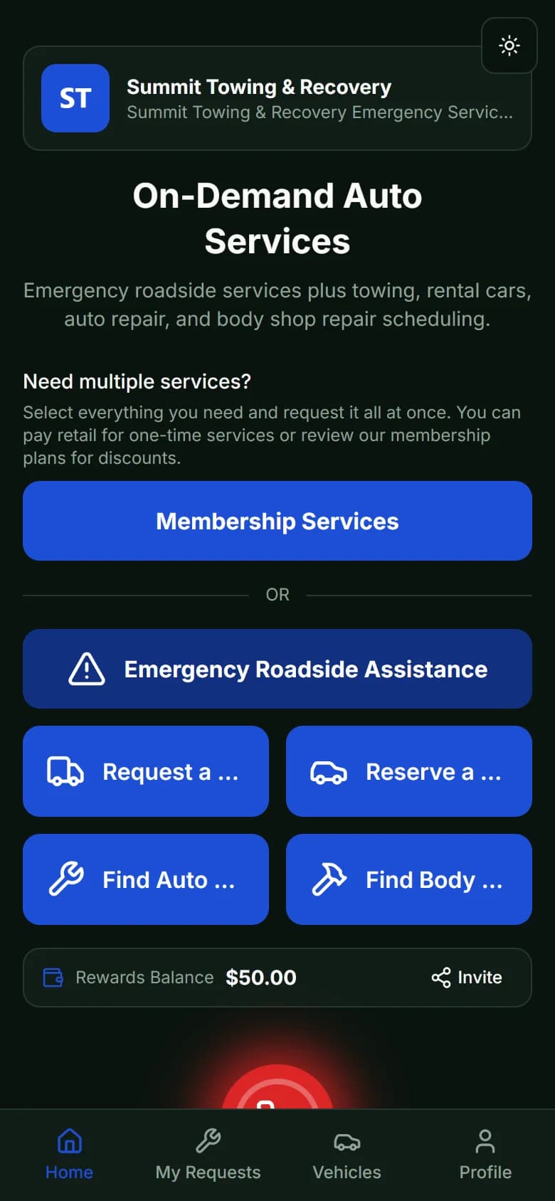 The CONVINI ROADSIDE app branded for a sample tow company, Summit Towing & Recovery